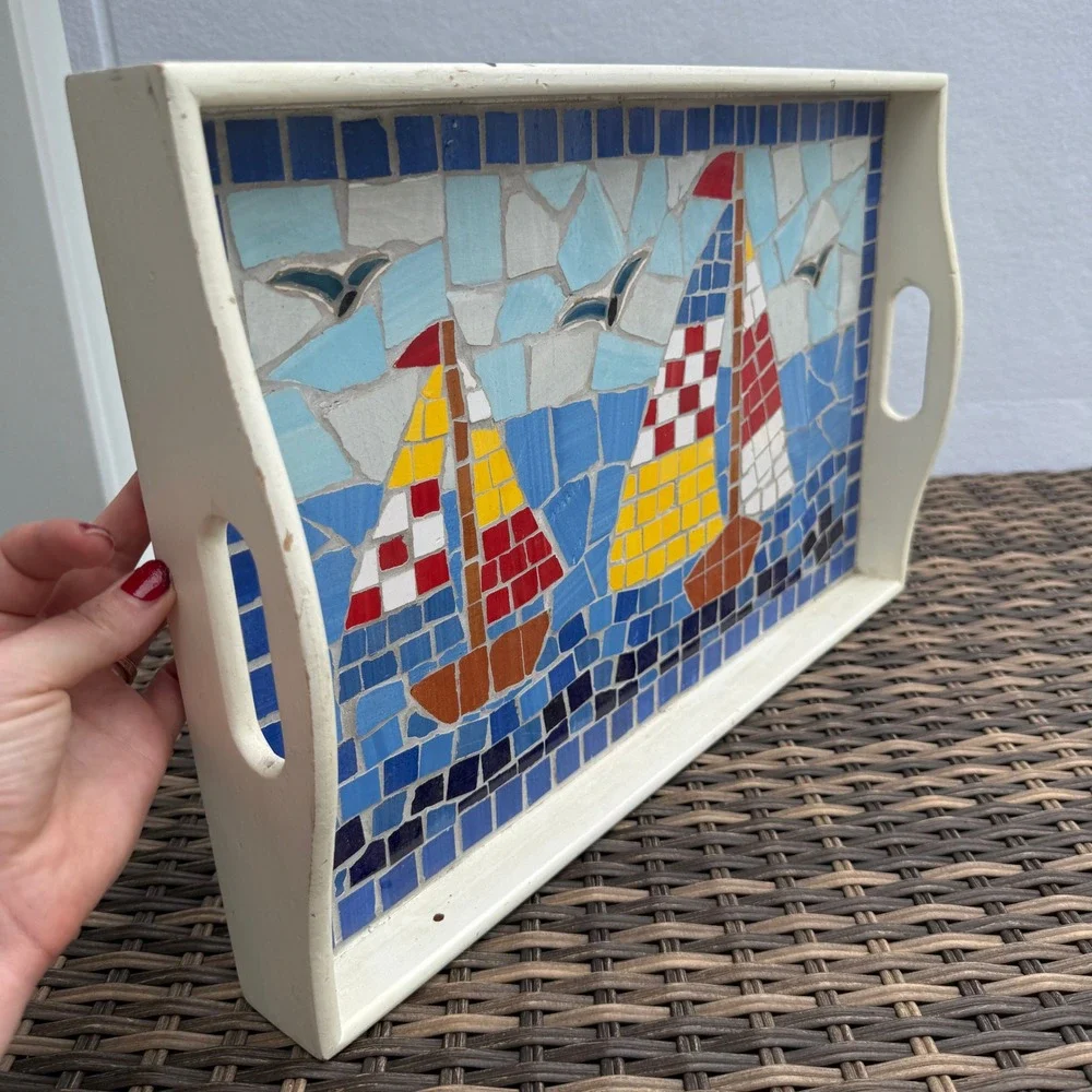 Handmade Mosaic Sailboat Serving Tray Wooden Coastal Nautical Decorative 19x12